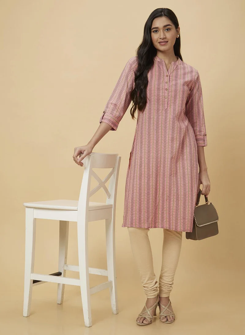 globus Globus Women Pink Ethnic Motifs Printed Mandarin Collar Rolled-Up Sleeves Pure Cotton Kurta